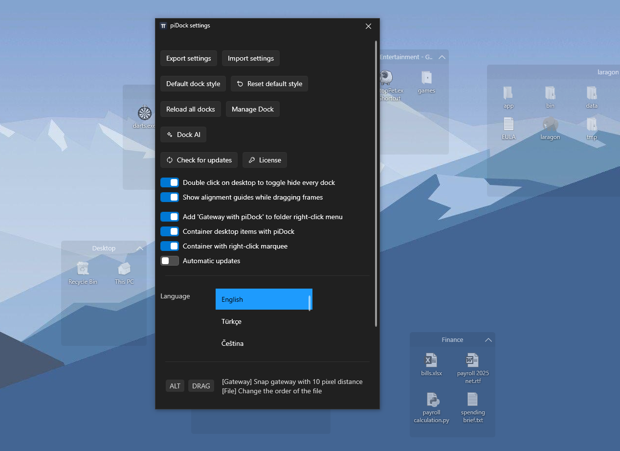 piDock settings dialog with customization options