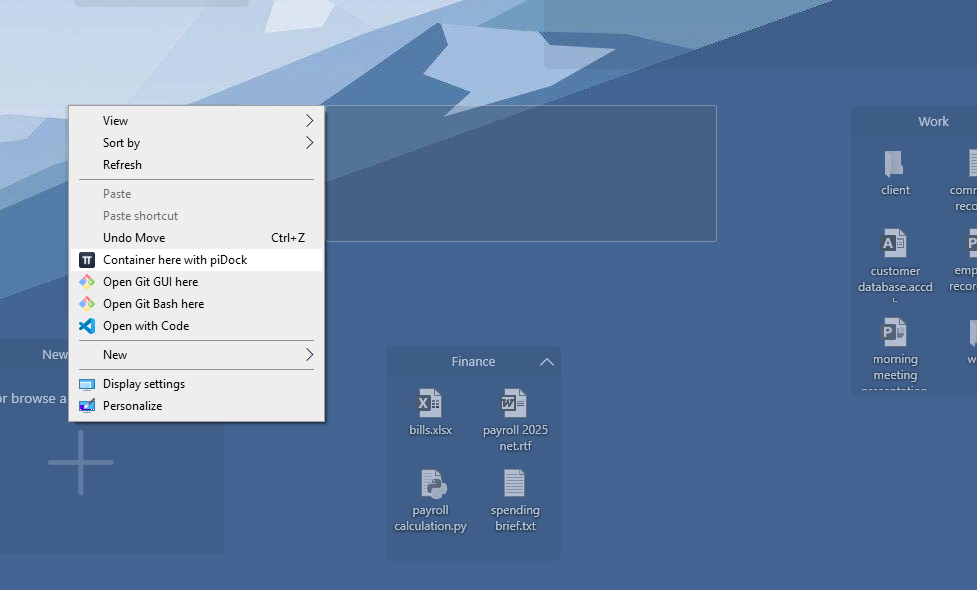 Desktop right-click context menu with the Container with piDock option