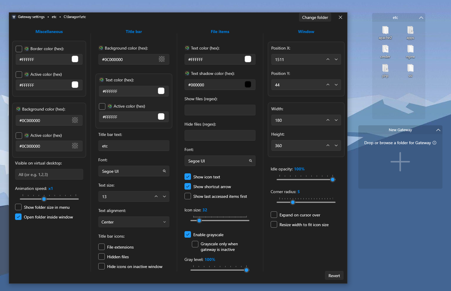piDock frame settings dialog with title bar, file items, and window customization options